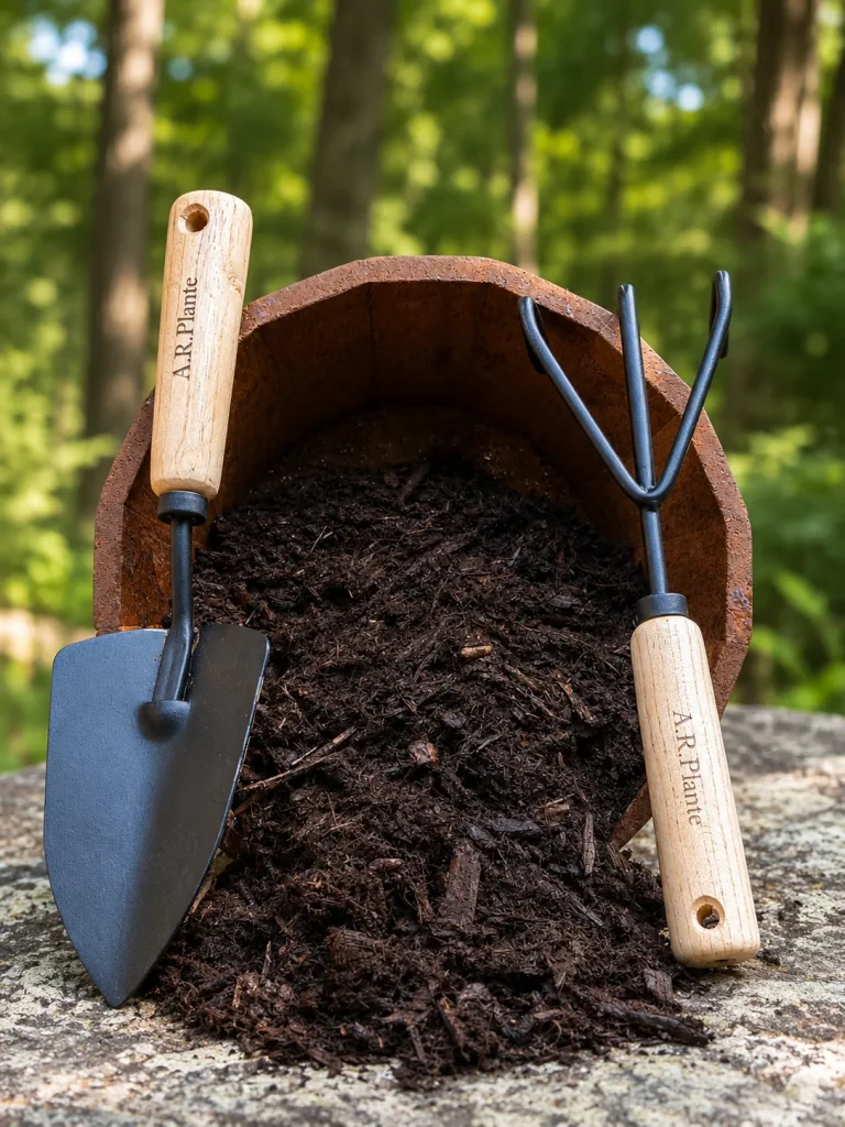 Forest Brown pine blend mulch spilling from a clay pot