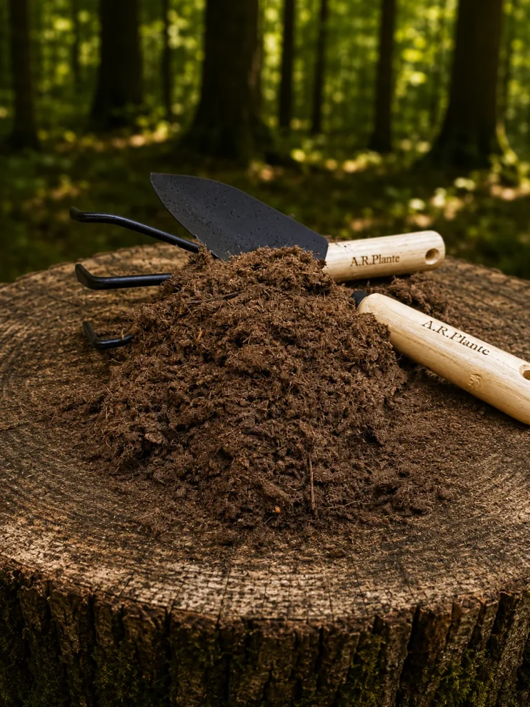Organic peat moss on a tree stump with garden tools