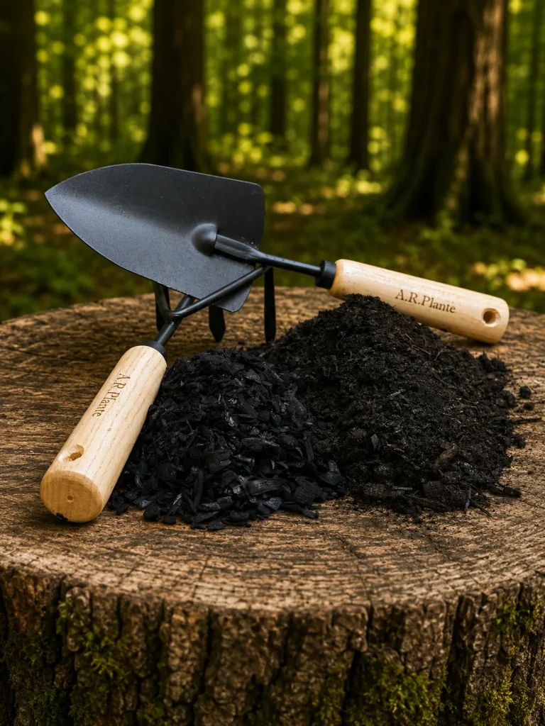 Plante Food+ BioChar compost blend on a tree stump with garden tools