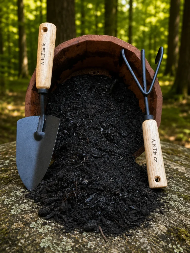 Plante Food premium organic compost spilling from a clay pot