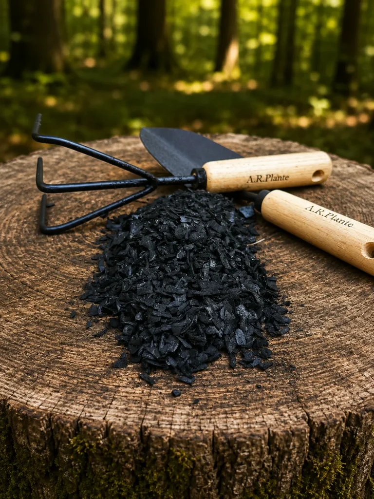 Pure organic biochar on a tree stump with garden tools