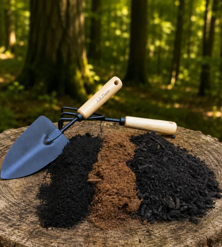 Raised Bed Mix components laid out on a tree stump