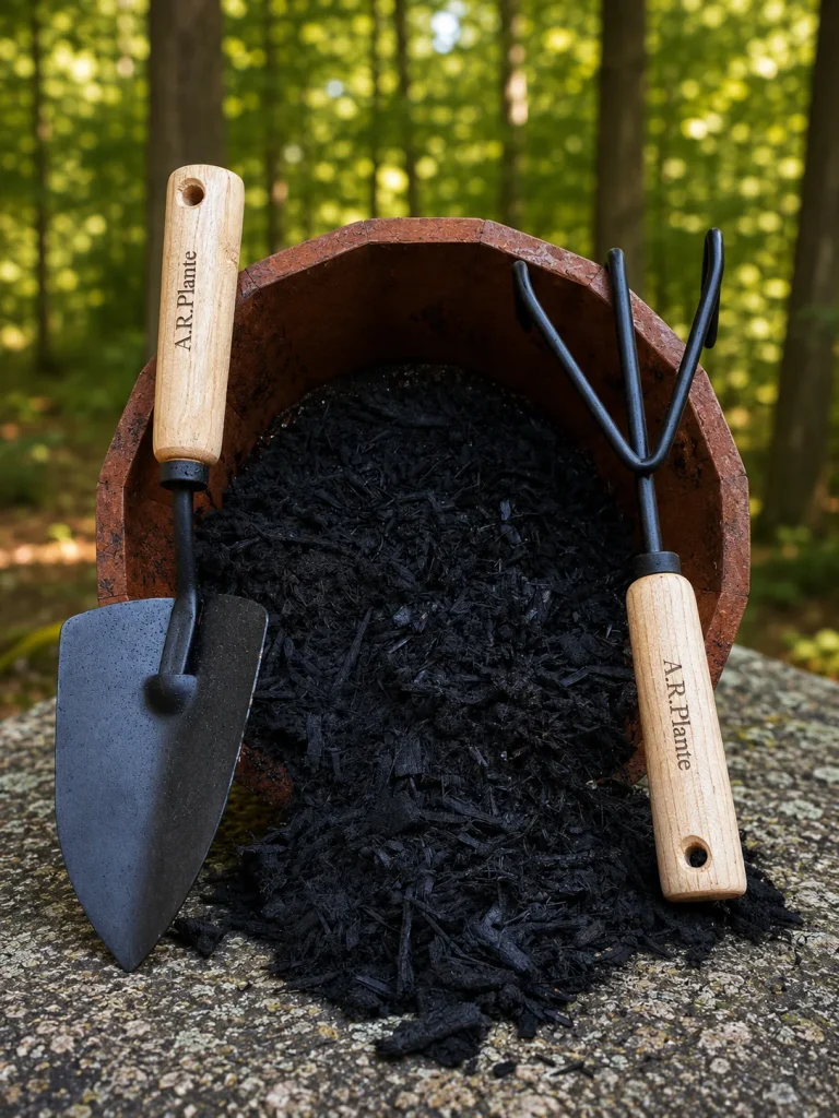 Black Beauty super mulch spilling from a clay pot