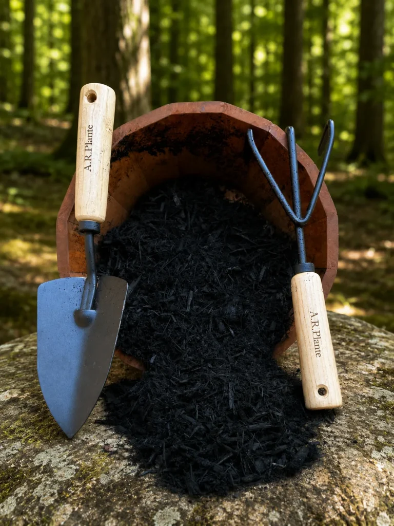 Tuxedo Black mulch spilling from a clay pot
